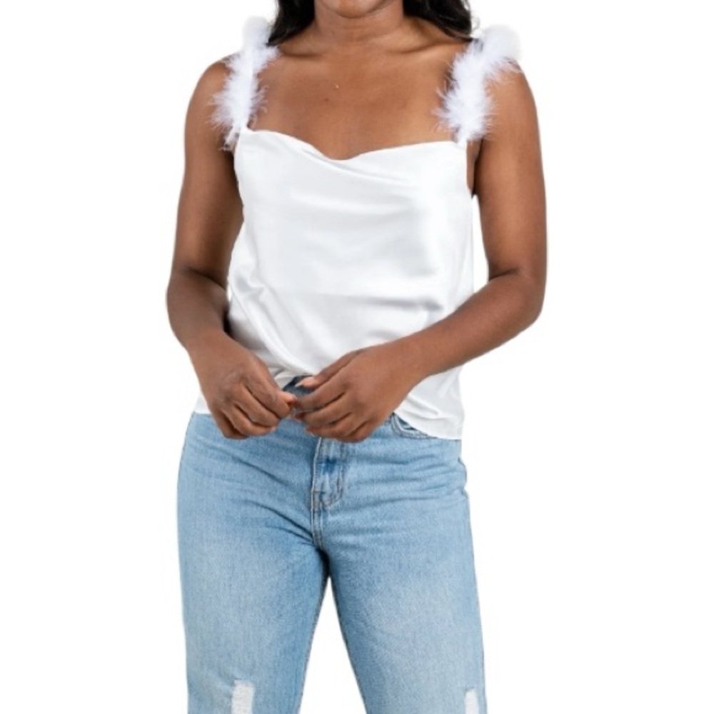 Le Lis‎ Feather Strap Cowl Neck Satin Camisole Top White Women’s Small
